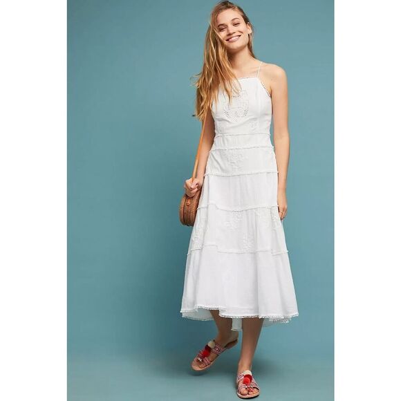 Anthropologie White Embroidered Tiered Midi Dress Halter Neck US 14 - Picture 1 of 15